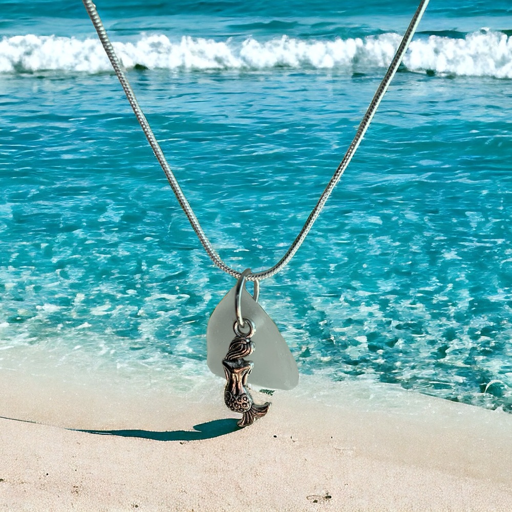 Real sea glass pendant, white piece of glass with mermaid charm